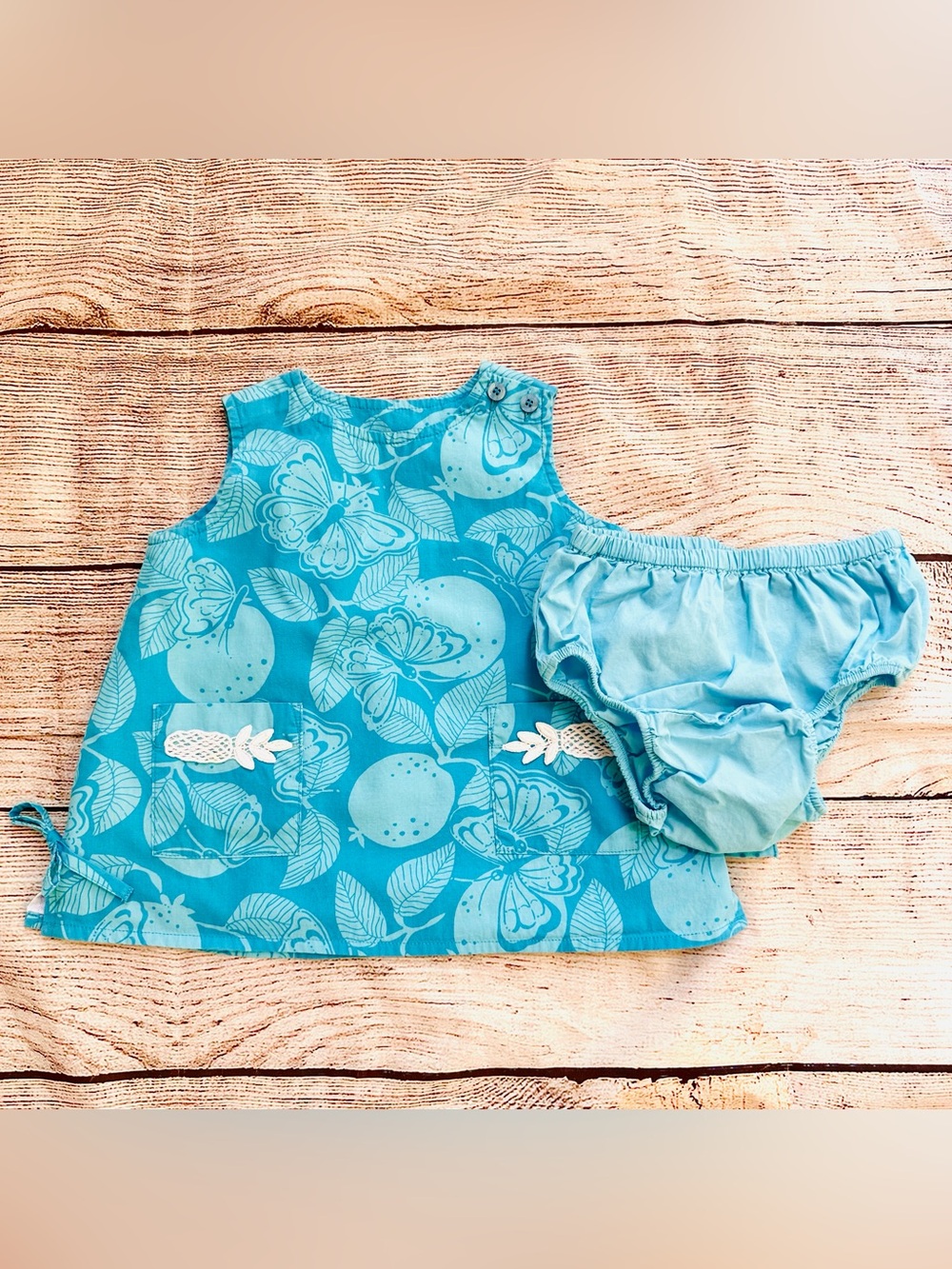 Lilly Pulitzer Blue Butterflies & Fruit Baby Lilly Dress & Bloomers Sz 12-18M